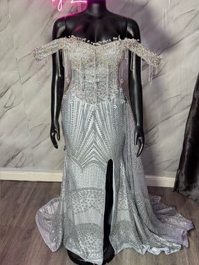 Custom made/hand-beaded silver prom dress